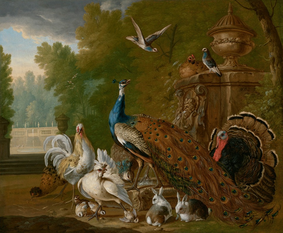 Pieter Casteels III - A peacock, turkey, cockerel, hen, pigeons, other birds and rabbits in a park landscape