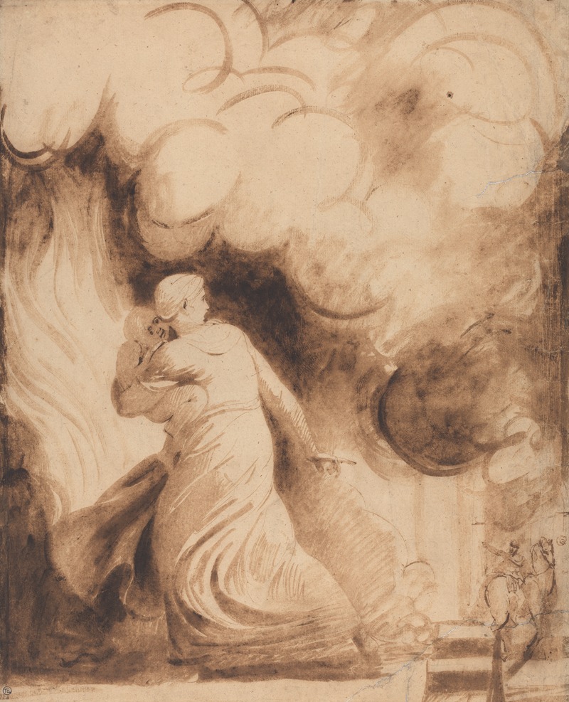 George Romney - A Mother with Her Child in Her Arms Flying upon the Ramparts of a City in Flames