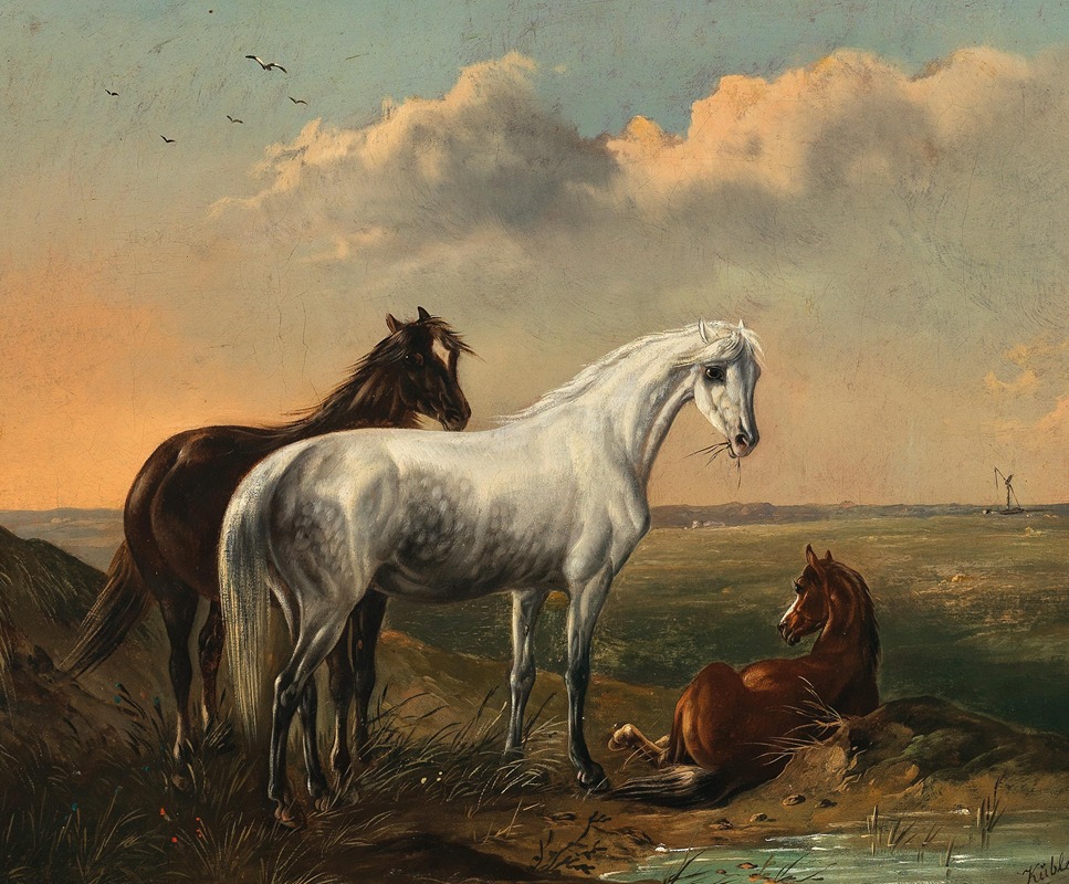 Ludwig Kübler - A white horse and a bay horse in a puszta landscape