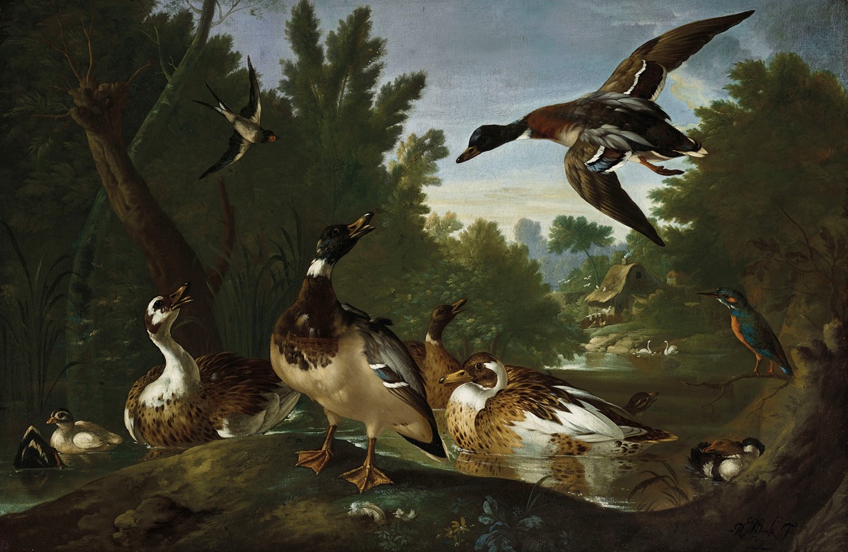 Pieter Casteels III - Ducks, a goldfinch, a kingfisher and swans along a river
