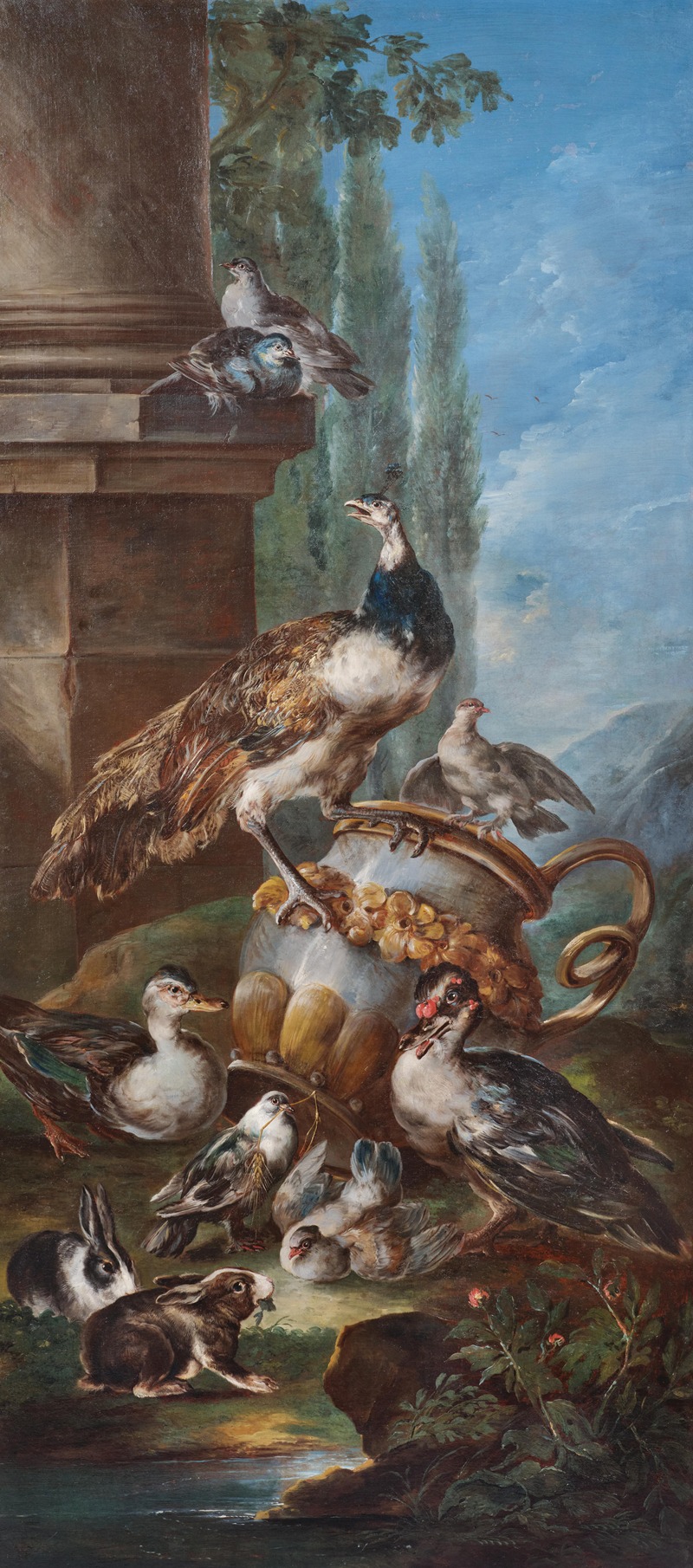 Angelo Maria Crivelli - A peacock, pigeons, ducks and rabbits in an idealised landscape