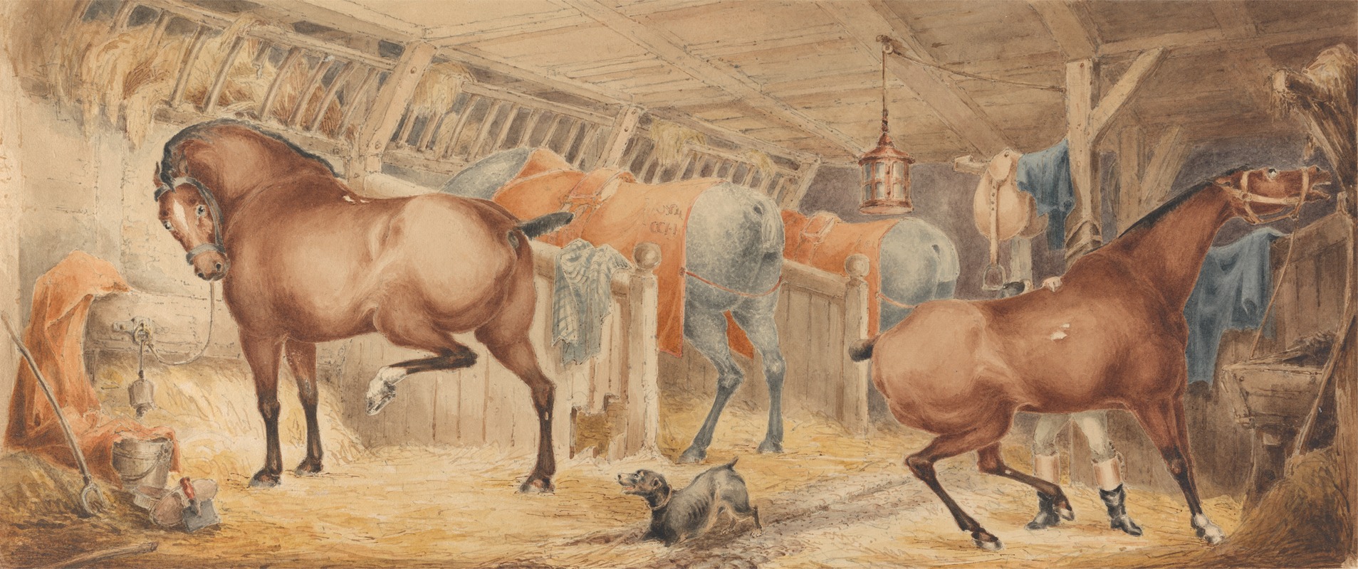 Charles Cooper Henderson - Interior of a Post-House Stable, With Horses Feeding