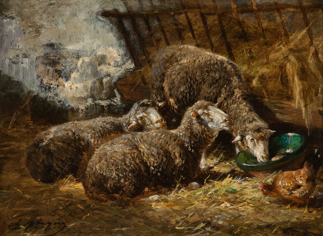 Charles Emile Jacque - Sheep and chickens in a stable