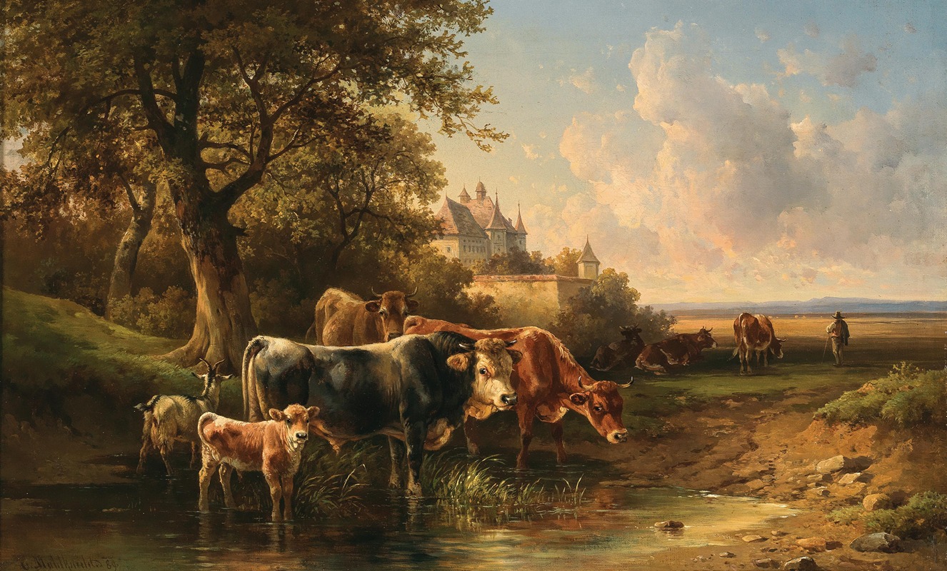 Edmund Mahlknecht - Cows near a Watering Place, in the Background a Castle