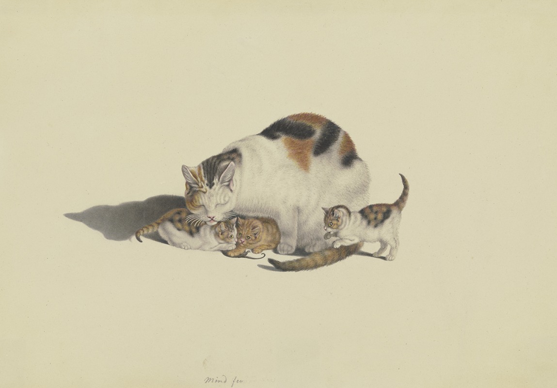 Gottfried Mind - Weiße Katze, schwarz und rotbraun gefleckt, mit ihren drei Jungen, die mit einer Maus spielen