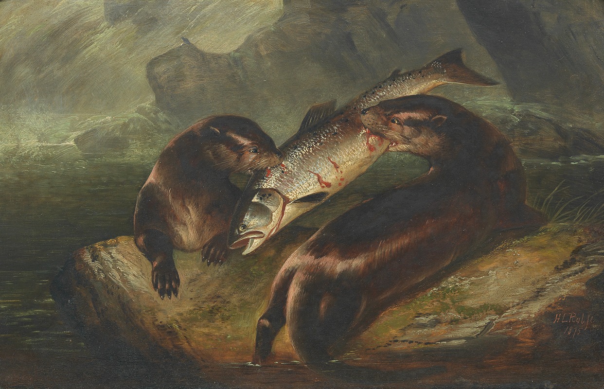 Henry Leonidas Rolfe - Otters with salmon