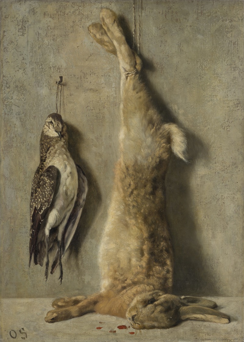 Otto Scholderer - Still Life with Dead Hare and Guinea Fowl in Front of a Grey Wall