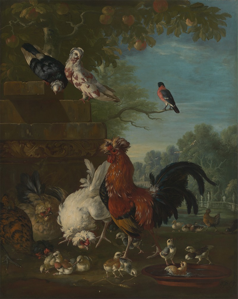 Pieter Casteels - Domestic cock, hens, and chicks in a park