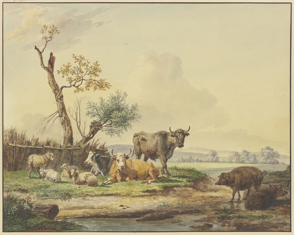 Pieter Gerardus van Os - Bei einem Zaun Vieh auf der Weide, rechts zwei Schweine