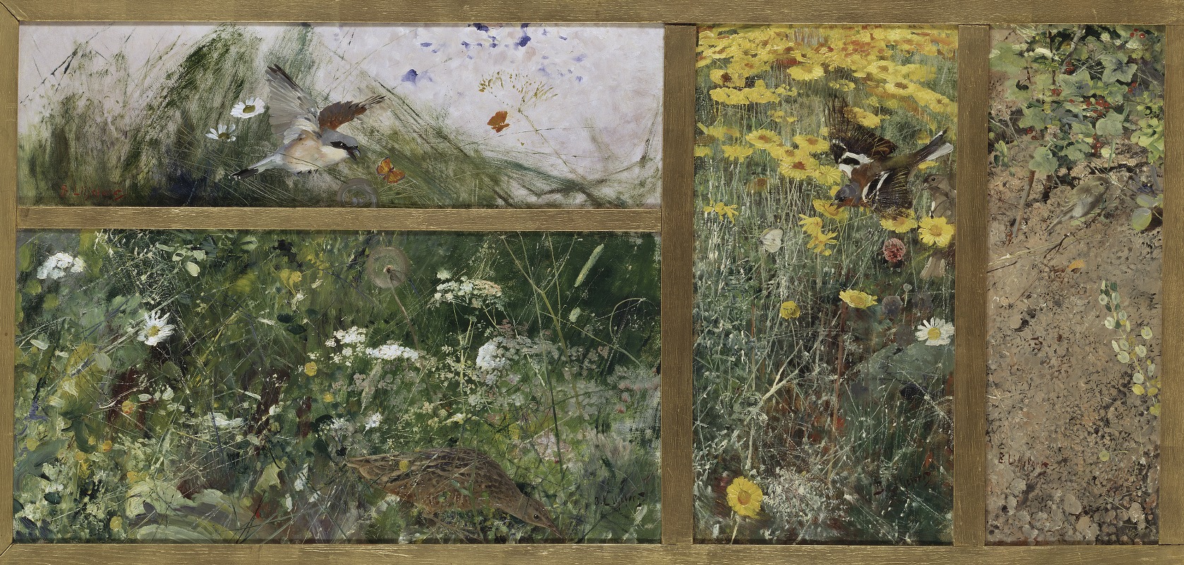 Bruno Liljefors - Four Bird Studies, Red-Backed Shrike, Corncrake, Chaffinches, Willow Warbler