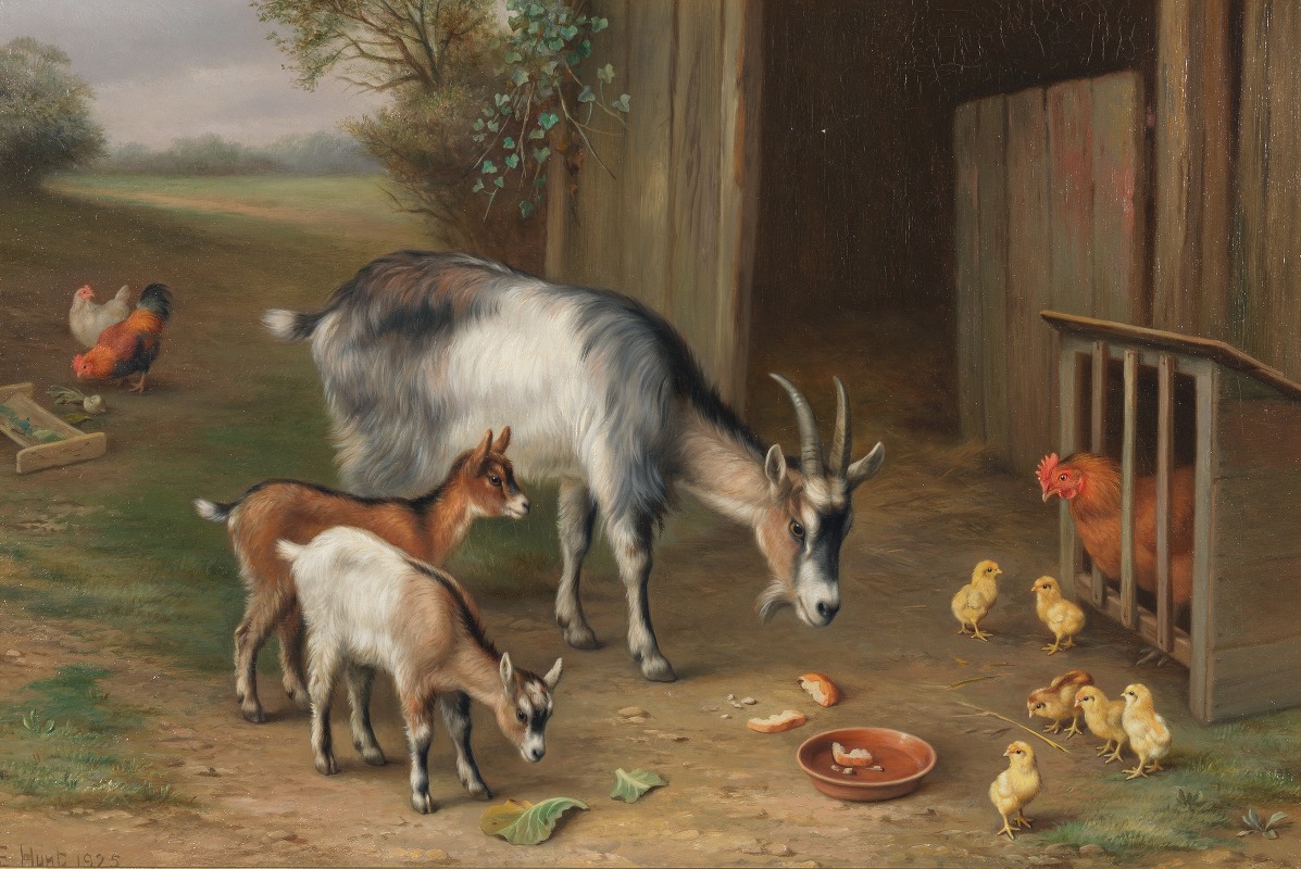 Edgar Hunt - Goats and chickens in a farmyard