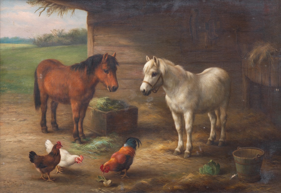 Edgar Hunt - Ponies with cocks and hens