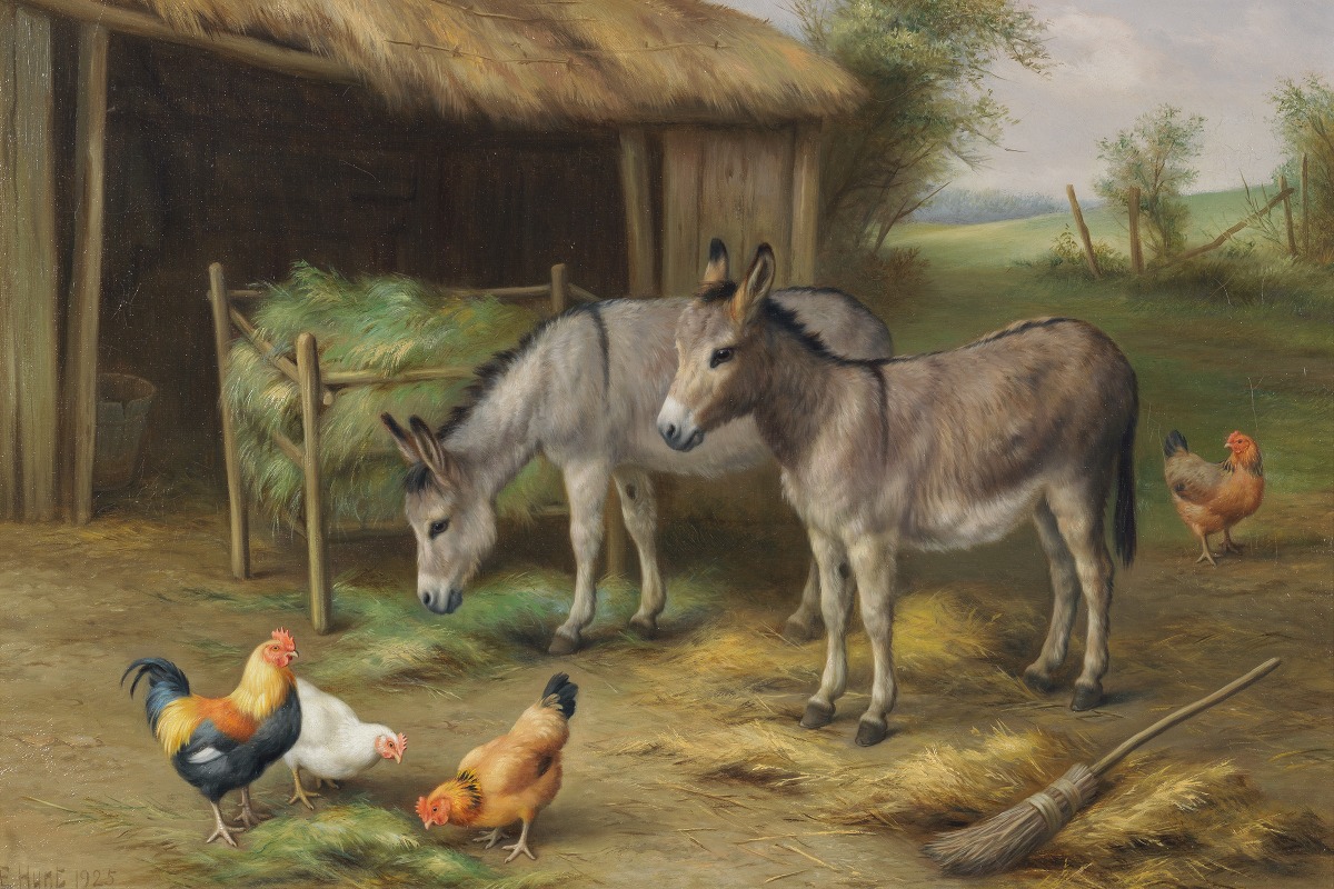 Edgar Hunt - Donkeys and chickens in a farmyard