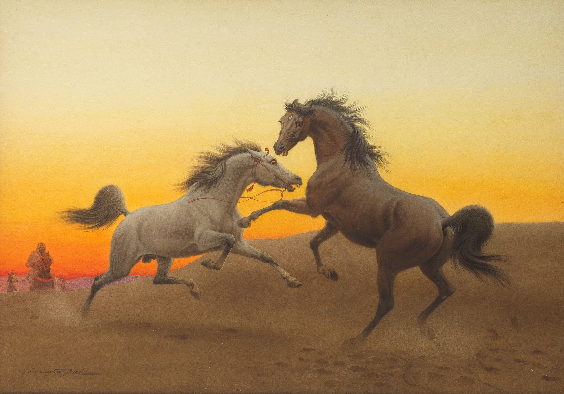 John Alexander Harrington Bird - Arab stallions at sunset