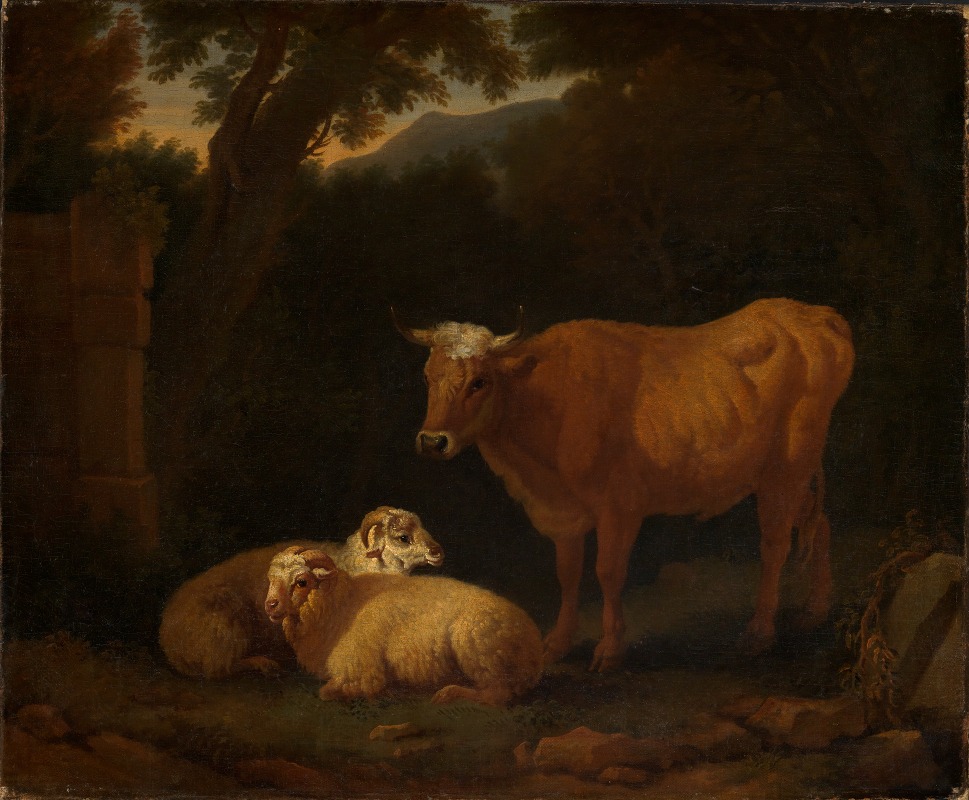 Simon van der Does - Stehendes Rind und zwei liegende Schafe in Waldlandschaft