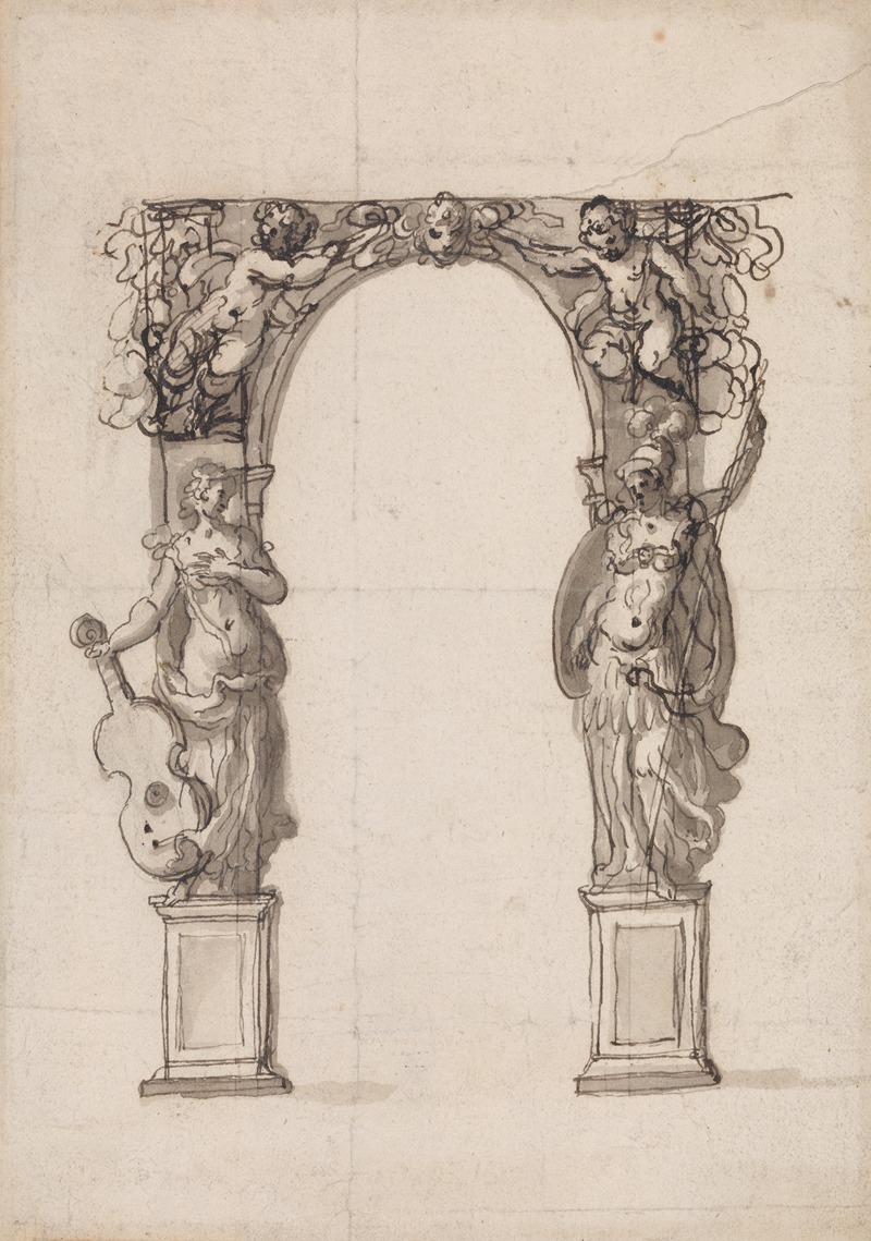 Inigo Jones - Design for a Temporary Arch Ornamented with Putti and Allegorical Figures of Music and War