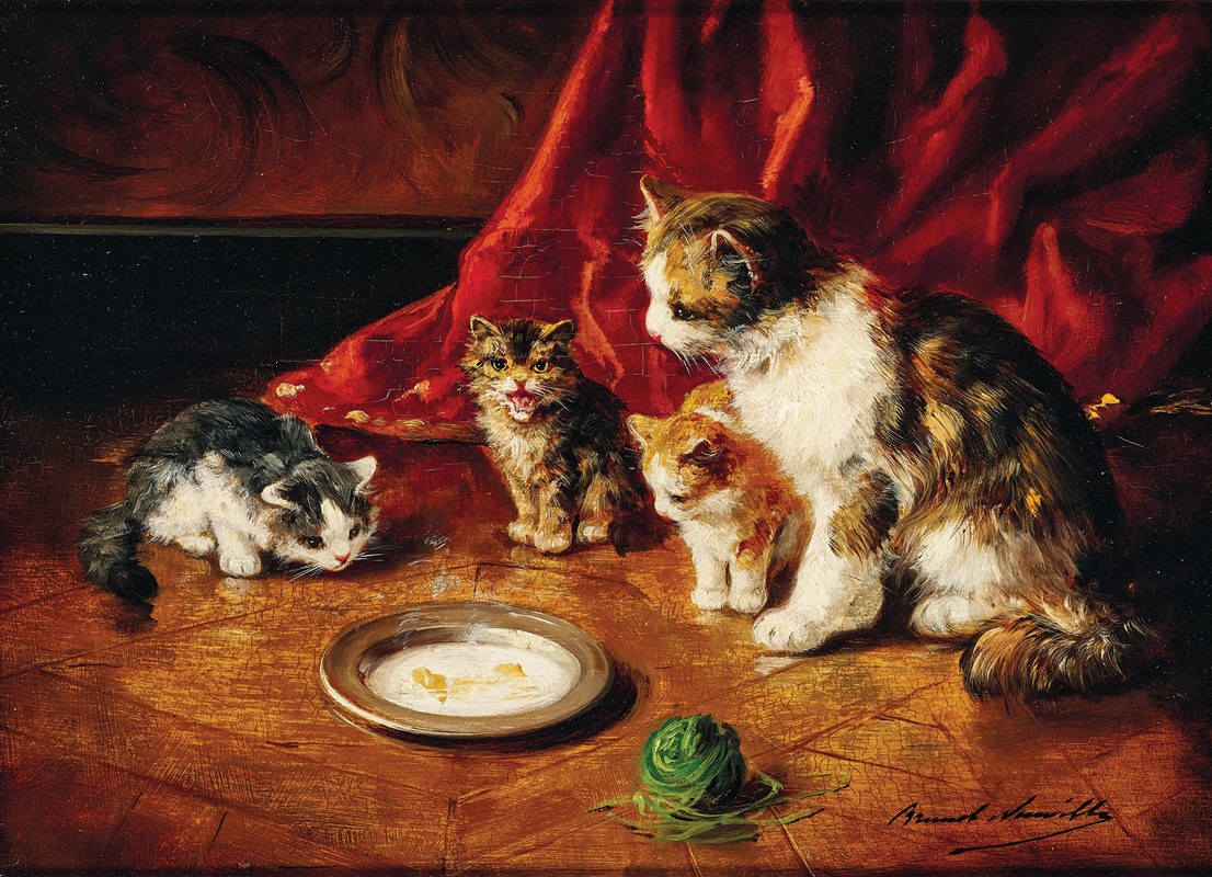 Arthur-Alfred Brunel de Neuville - A mother cat with kittens in front of a milk bowl