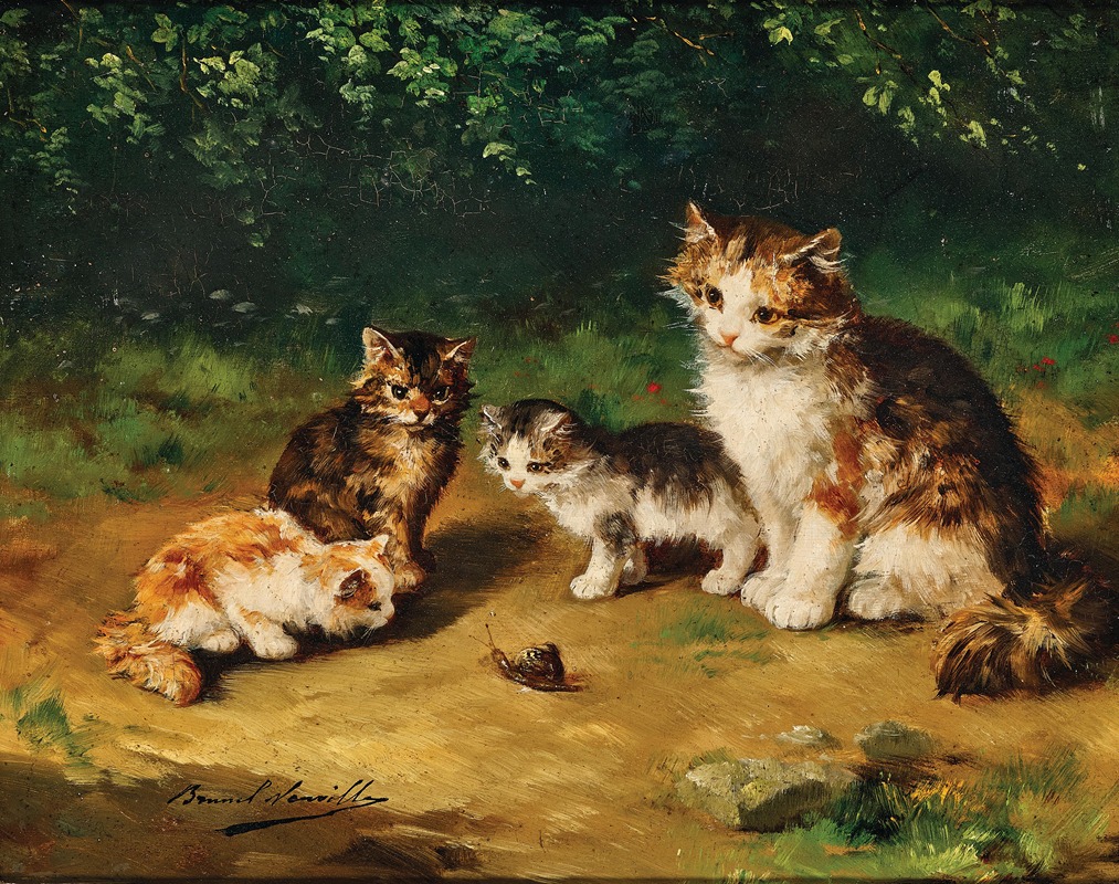 Arthur-Alfred Brunel de Neuville - Curious kittens with snail