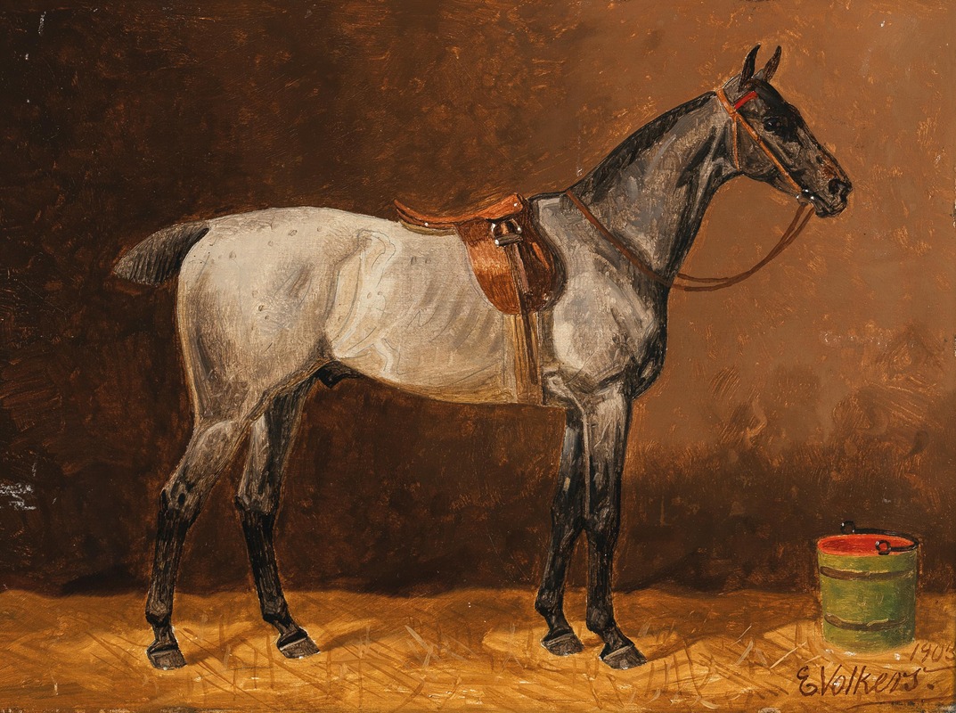 Emil Volkers - A saddled horse in a stable