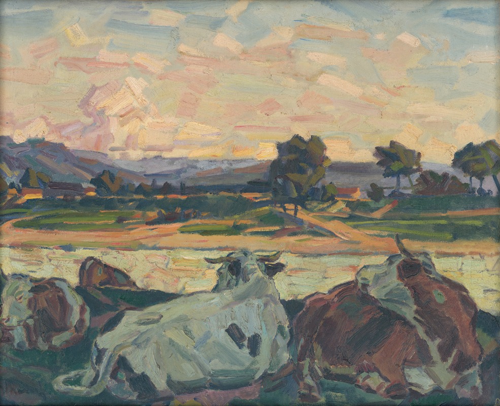 Gustáv Mallý - Cows on a River Bank