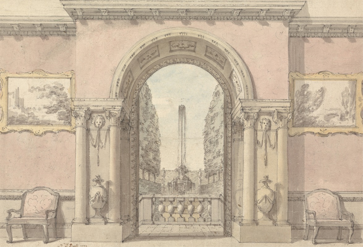 Nicholas Thomas Dall - Saloon with an Arch to a Garden and Fountain