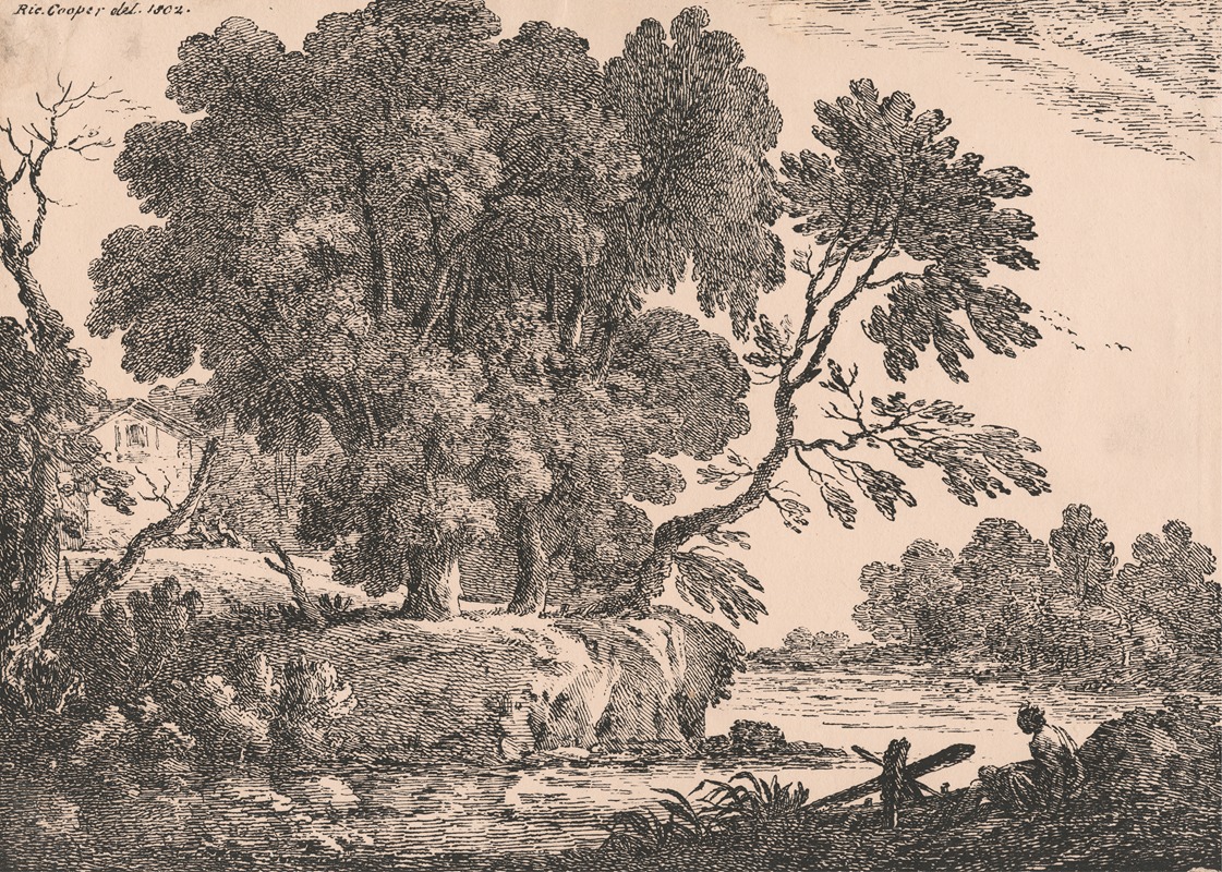 Richard Cooper the Elder - Landscape with group of trees surrounded by water, cottage on left, woman seated right foreground