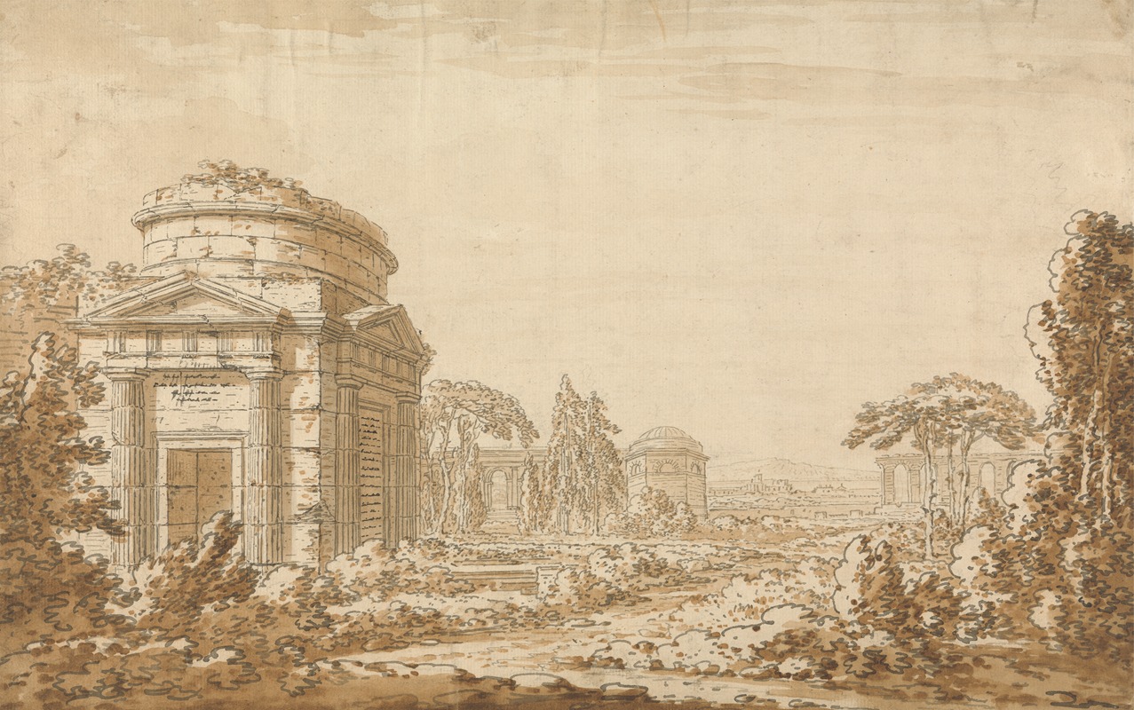 Richard Cooper the Younger - Classical Italian Landscape with Temples and a Ruined Aquaduct