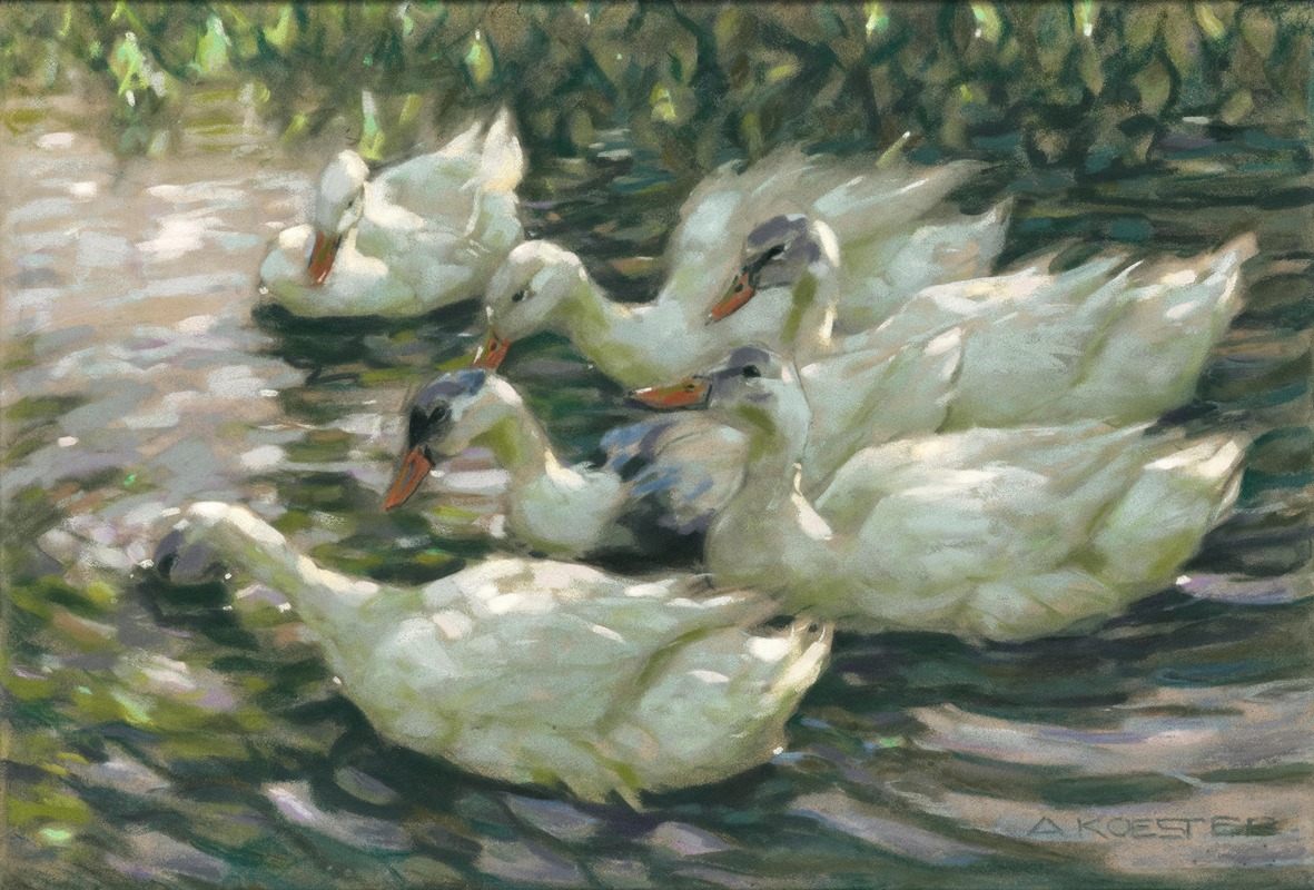 Alexander Koester - Six ducks under a willow tree