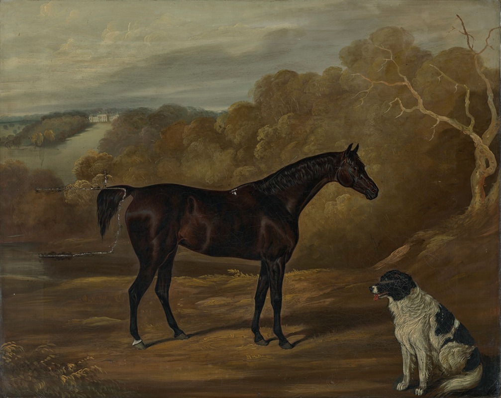 David Dalby Of York - A dark bay hunter and a seated spaniel in the park at Harewood House