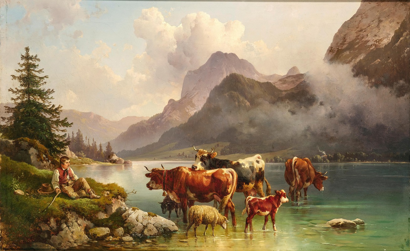 Edmund Mahlknecht - Cows by a Pond with Shepherds