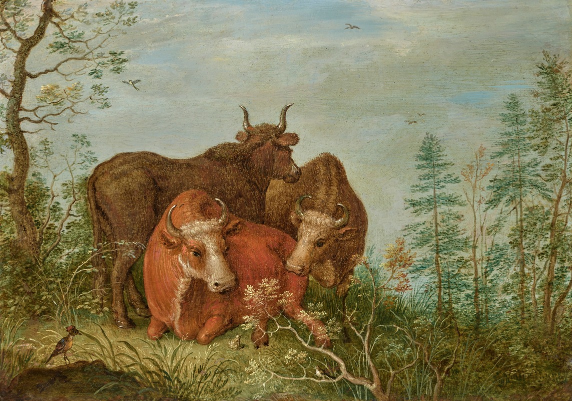 Gillis Claesz. de Hondecoeter - Three Cows, A Bird And A Frog In A Landscape