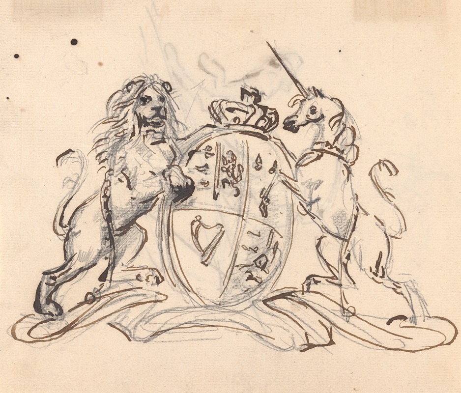 Sawrey Gilpin - Coat of Arms flanked by a Unicorn and Lion