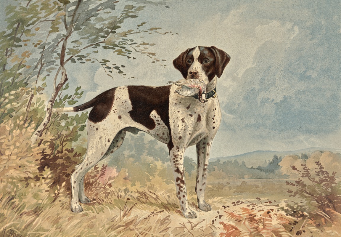 Alexander Pope Jr. - Standing English Pointer, facing right, bird in mouth