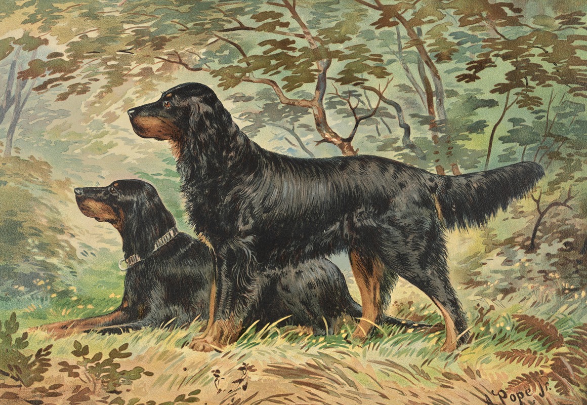 Alexander Pope Jr. - Two Gordon Setters, facing left, one standing, one reclining