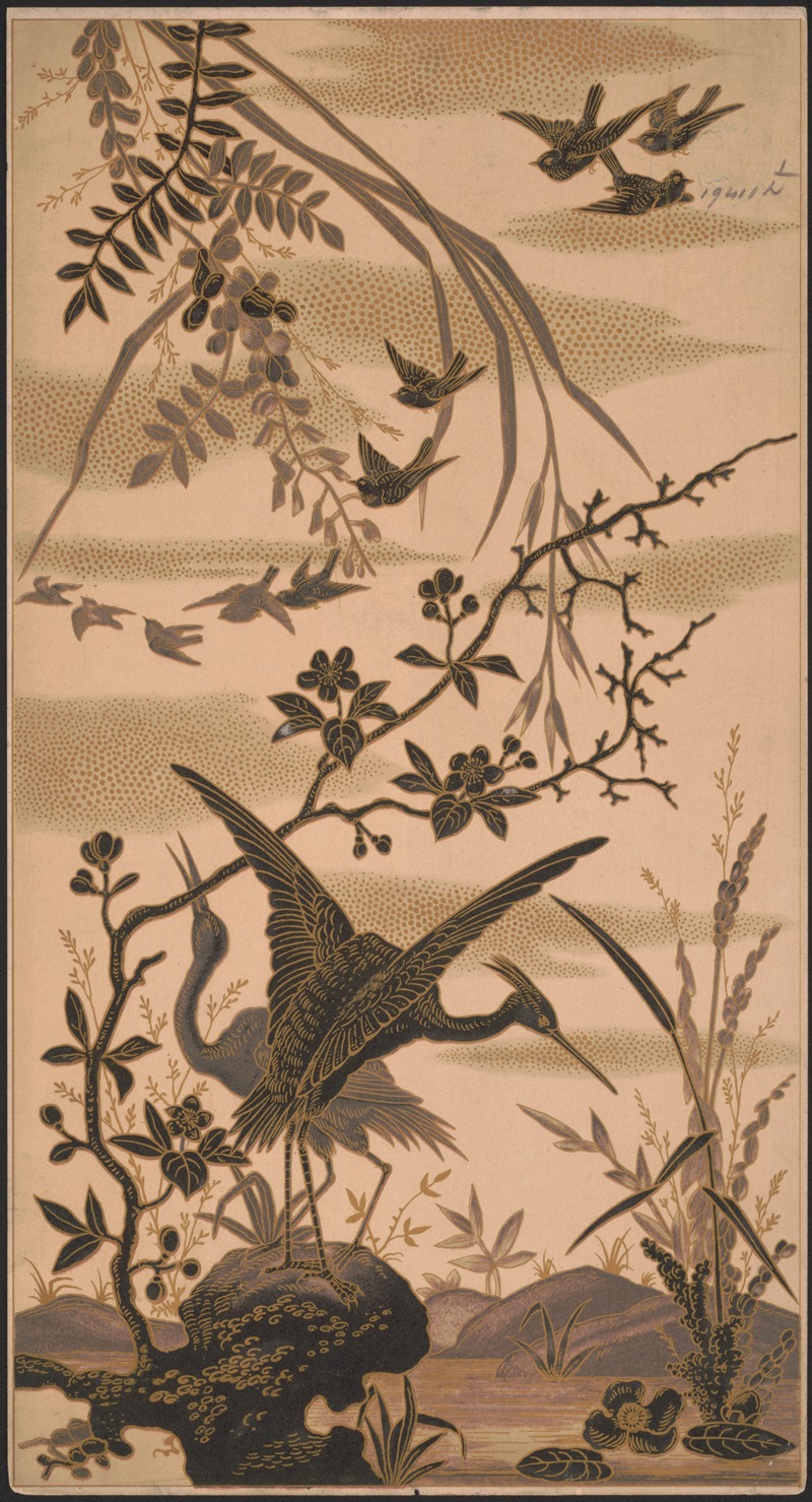 Louis Prang & Co. - Two cranes and several smaller birds