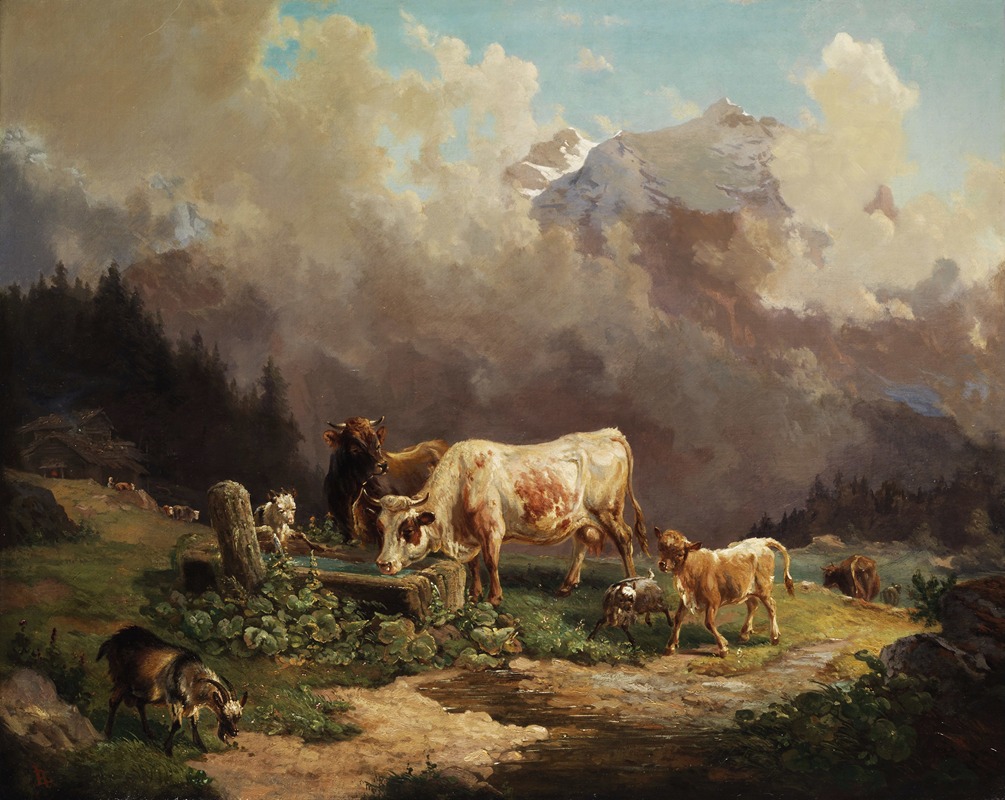 Louis Reinhardt - Vieh im Hochgebirge an der Tränke