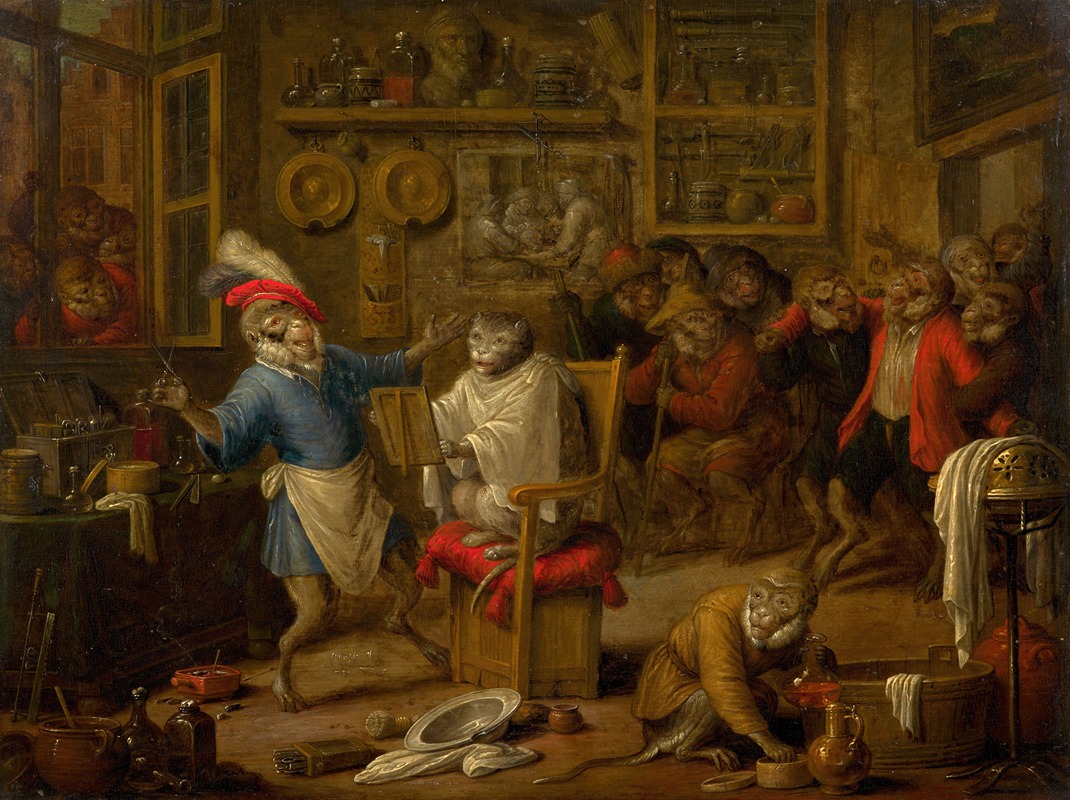 Nicolaes van Veerendael - The monkey hairdresser’s workshop