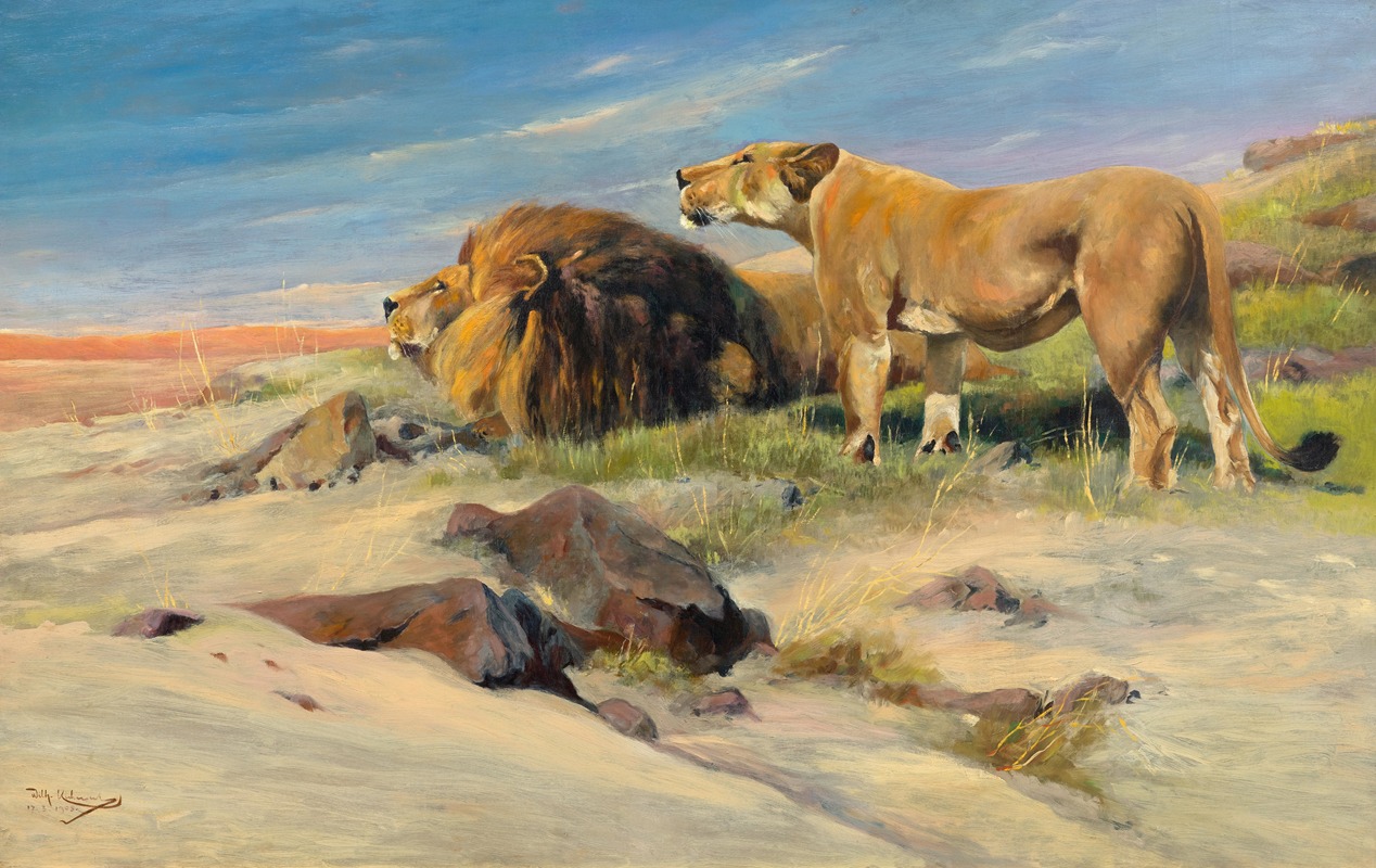 Wilhelm Kuhnert - Löwenpaar in der Steppe