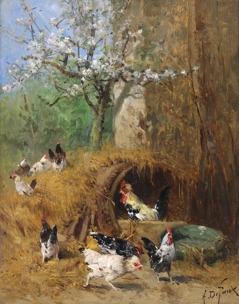 Alexandre Defaux - Printemps, Poules Sous le Pommier en Fleurs