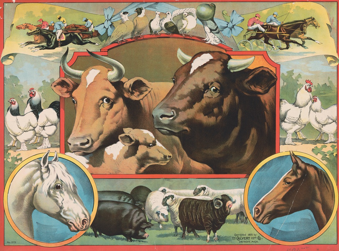 Calvert Litho. Co - Print with cows at the center and chickens, horses, sheep, and birds surrounding the cows