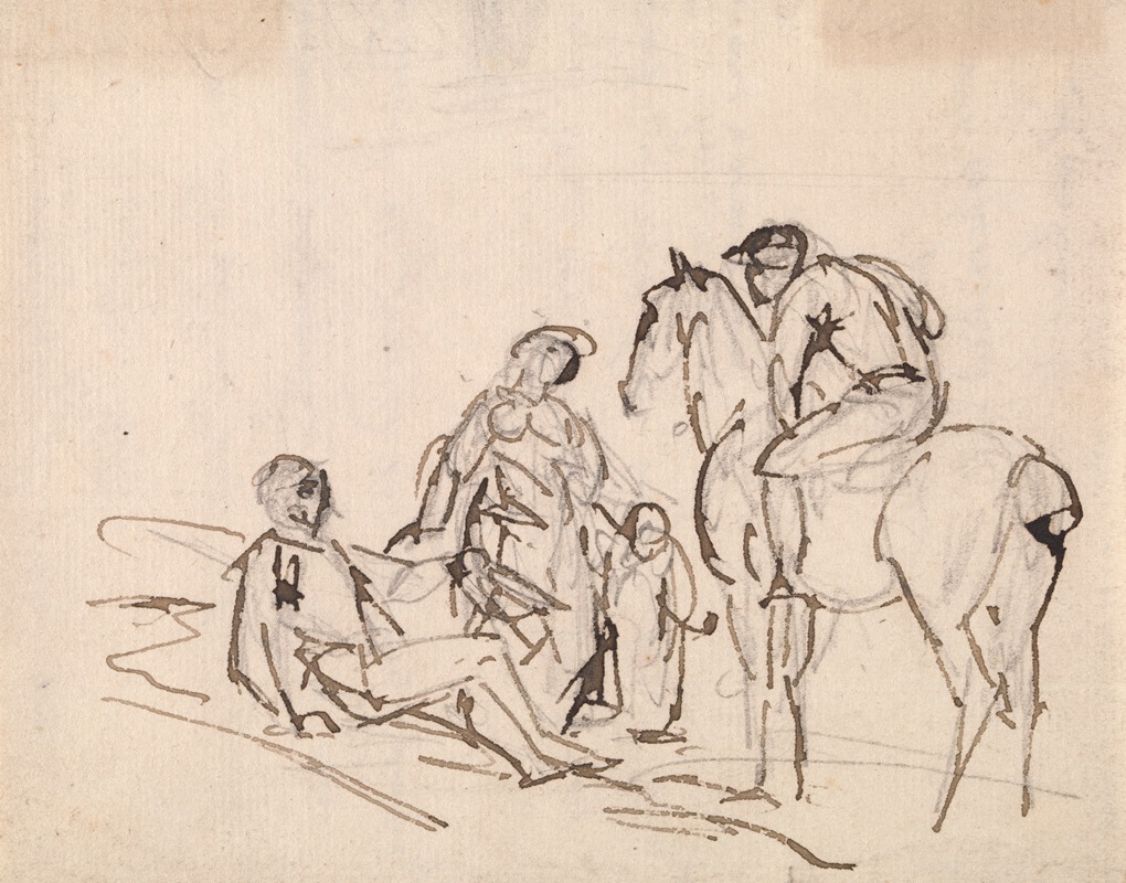 Sawrey Gilpin - Jockey on a horse with three figures
