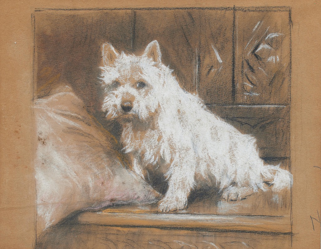 Arthur Wardle - A West Highland Terrier seated on a carved bench