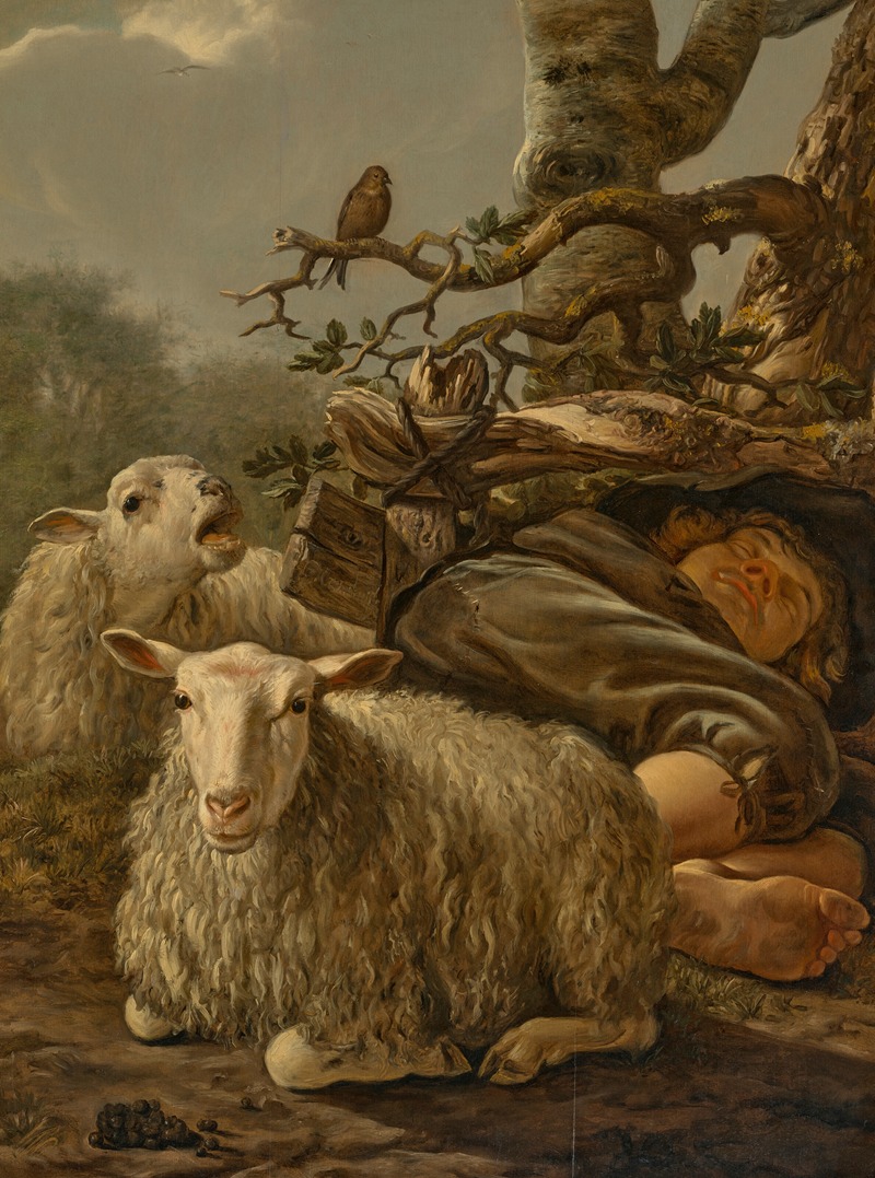 Govert Dircksz Camphuysen - A sleeping shepherd with two sheep, in a landscape