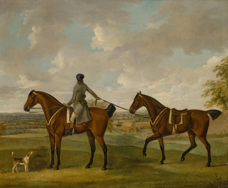 John Nost Sartorius - A groom with two bay hunters, with a hound, in a landscape