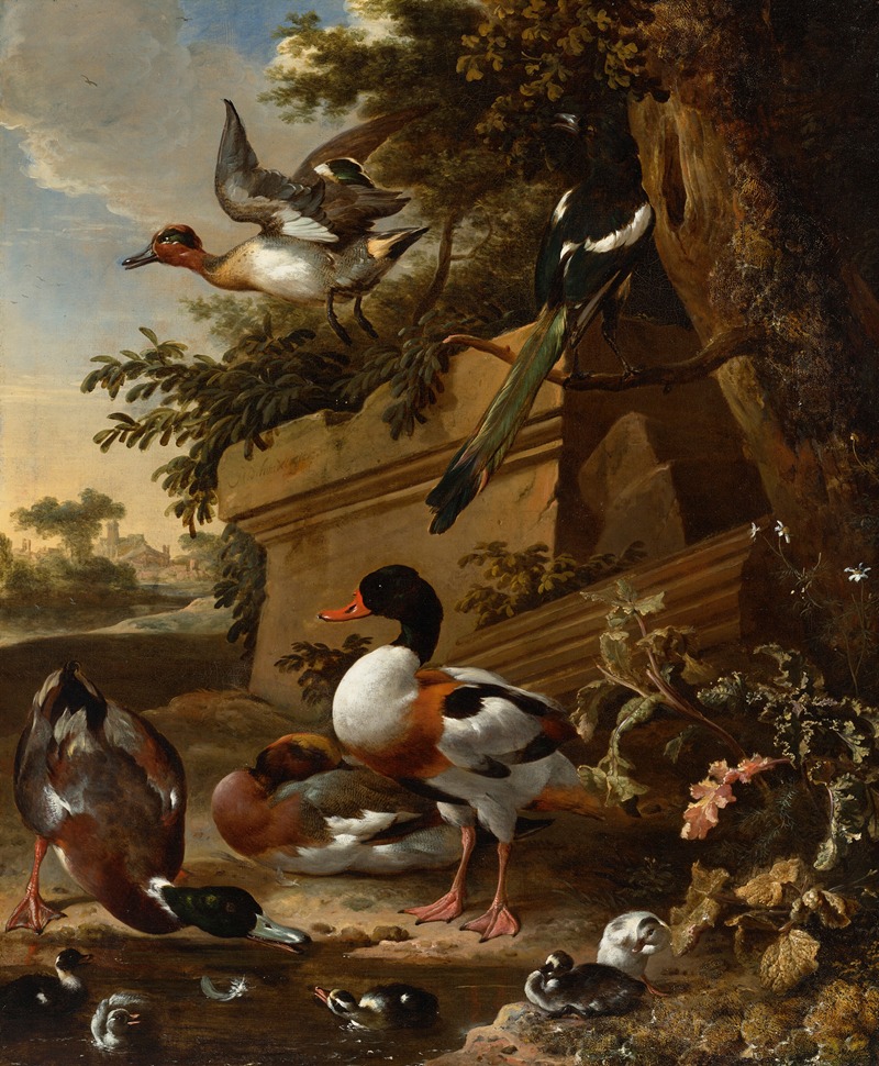 Melchior d'Hondecoeter - Sheldrake ducks and ducklings with a magpie in a garden, a village beyond