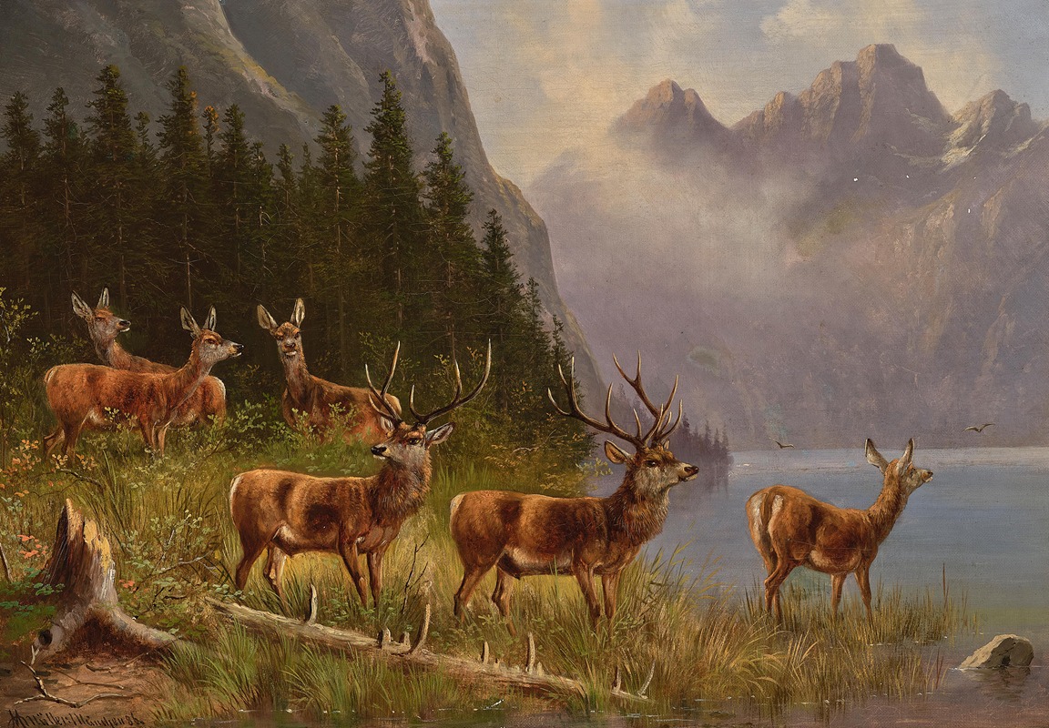 Moritz Müller - Red Deer on the Lakeside, signed (in ligature), dated MMüller Munich