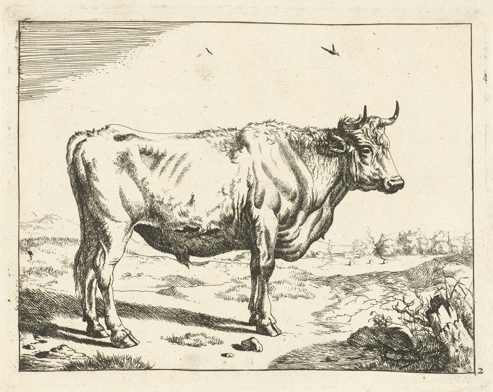 Marcus de Bye - Stier, staand naar rechts, met vogels