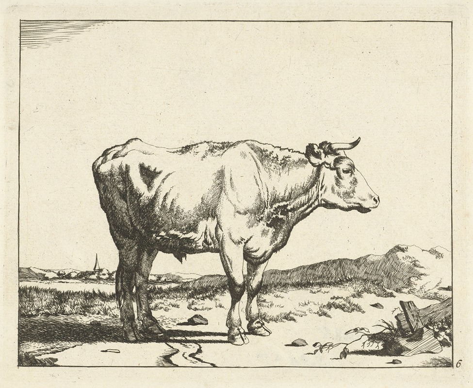 Marcus de Bye - Stier, naar rechts, met kerktoren op achtergrond