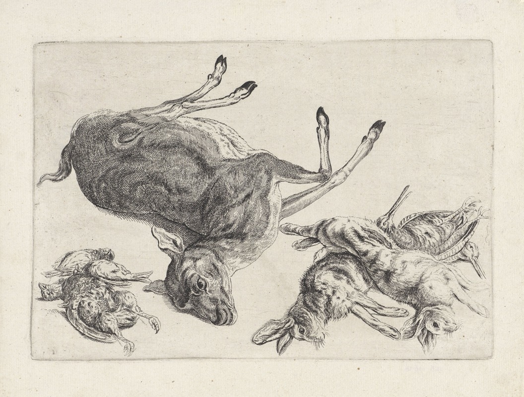Wenceslaus Hollar - Dead deer lying on its right side, two dead hares and two snipes at right, three dead birds at left