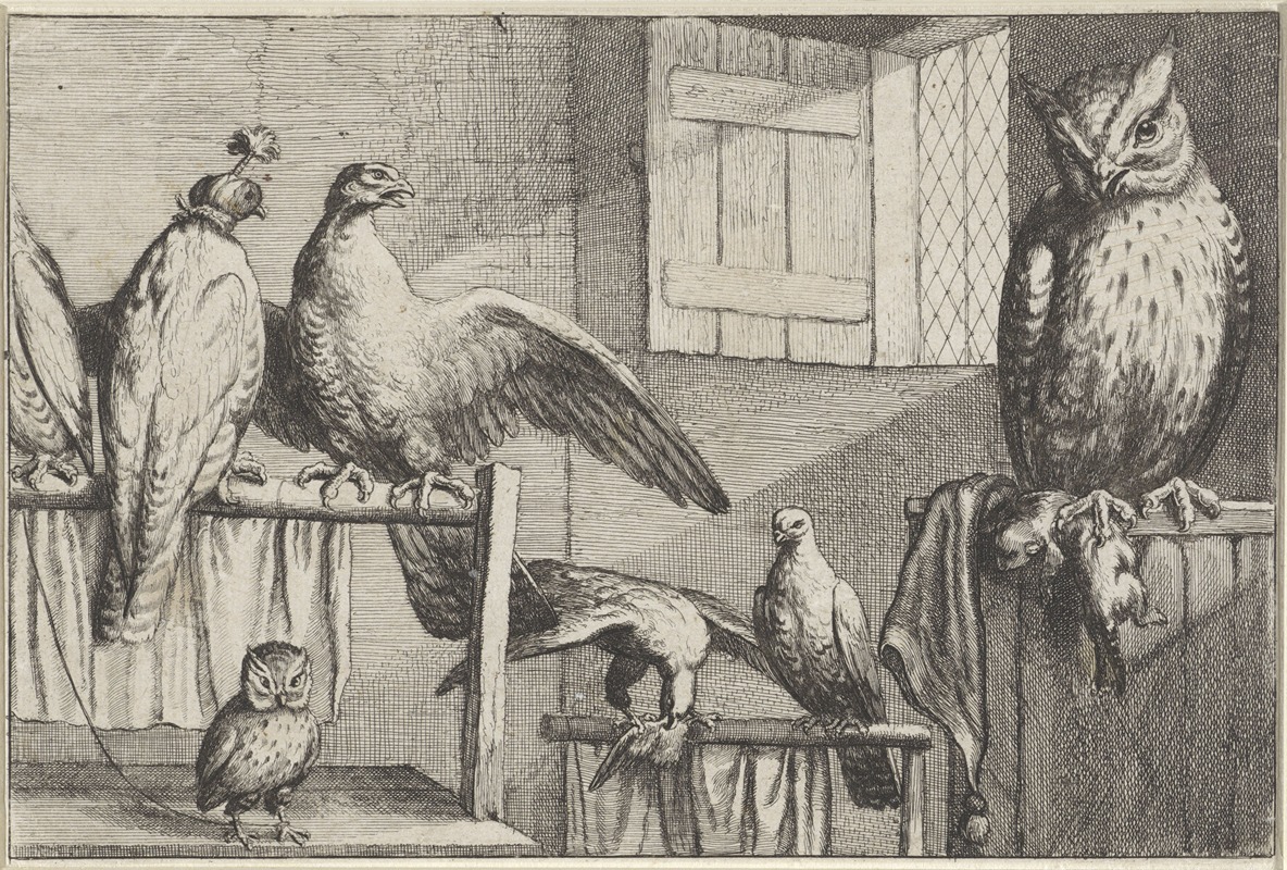 Wenceslaus Hollar - Inside a brickwalled room with an open window, several captive birds rest on wooden perches